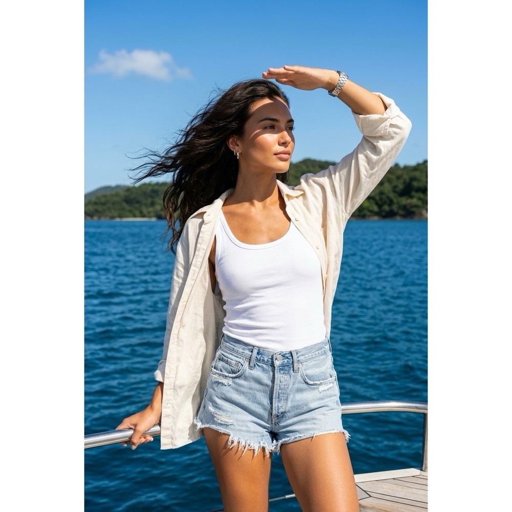 Agolde Distressed High-Waist Denim Shorts Frayed Hem Button Fly‎